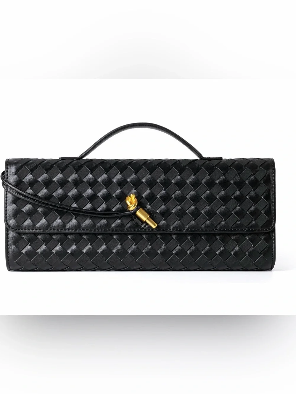 Black Woven vegan Leather Top-Handle Clutch with Gold Accent